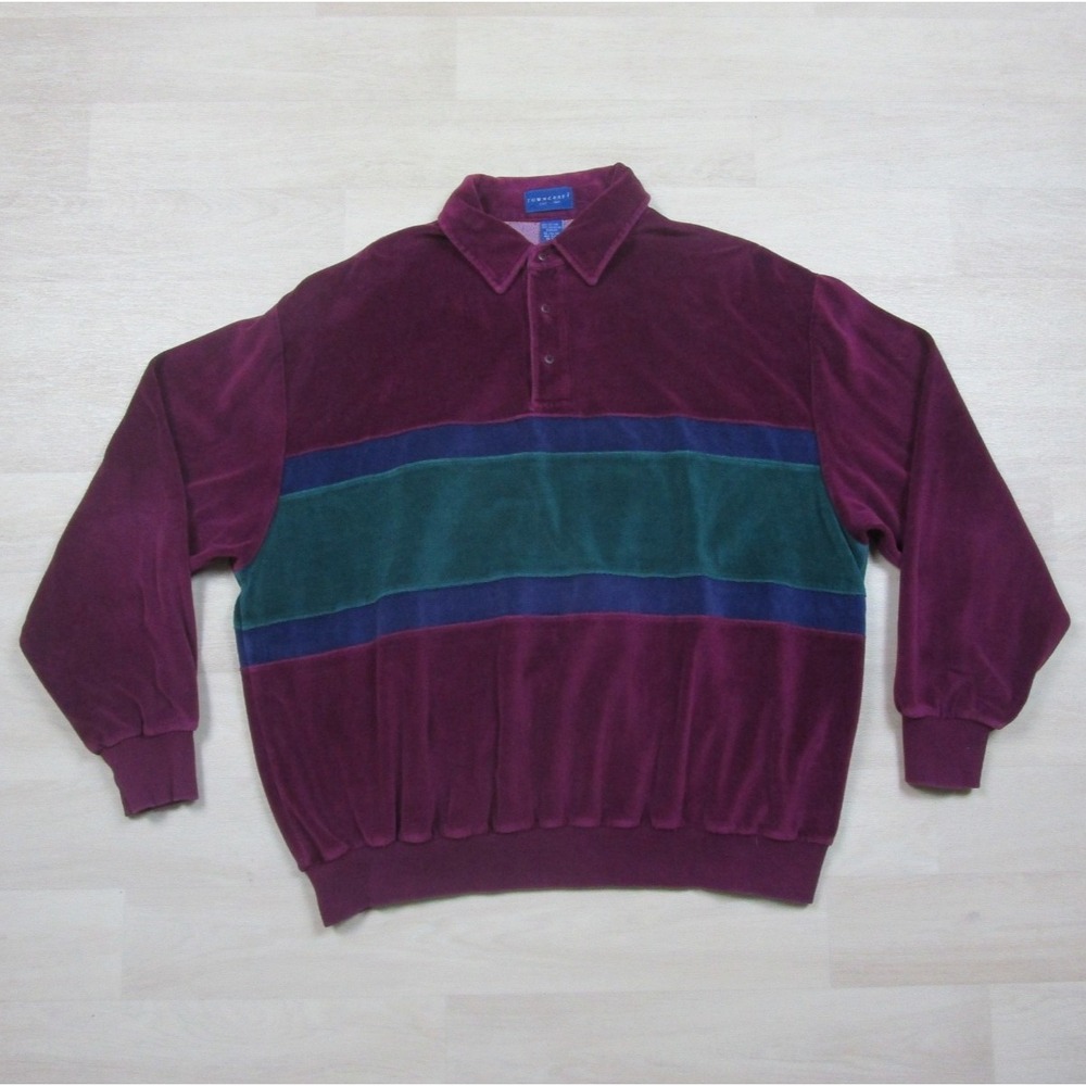 Vintage Towncraft Velour Polo Long Sleeve Terry Cloth Striped Shirt (XL) 1970's